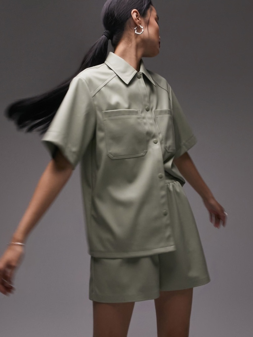 Topshop Sage Green Short Sleeve Faux Leather Shacket